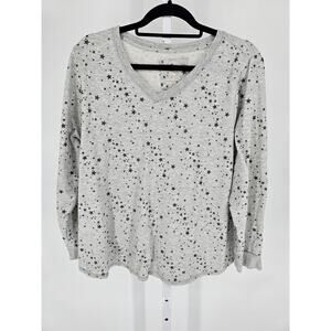 Sonoma Womens Sz 1X Long Sleeve Knit V Neck Top Gray Blue Star Print